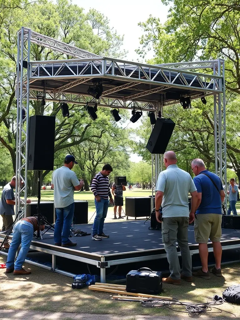 A photo of volunteers from GLUNK ASSOCIATION setting up a stage for an outdoor music festival, highlighting the collaborative effort behind their events.