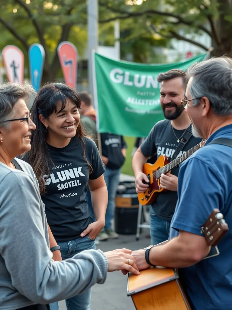 A heartwarming photo of GLUNK ASSOCIATION members volunteering at a local community event, interacting with residents and contributing to the cultural enrichment of the area.