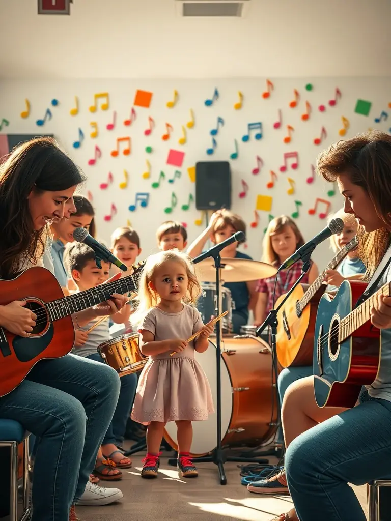 A dynamic image of a GLUNK ASSOCIATION workshop, featuring participants actively engaged in a music lesson, with instruments and learning materials visible.
