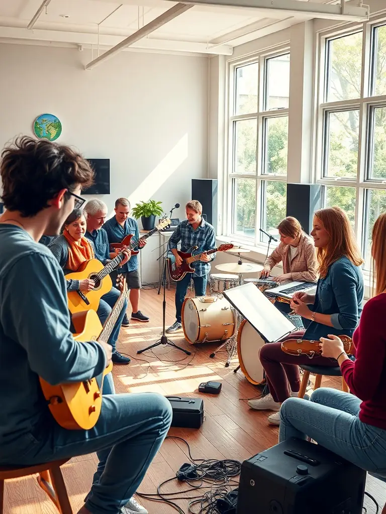 A dynamic shot of a music workshop organized by Glunk Association, showing participants actively learning and collaborating, highlighting the organization's dedication to music education and skill development.