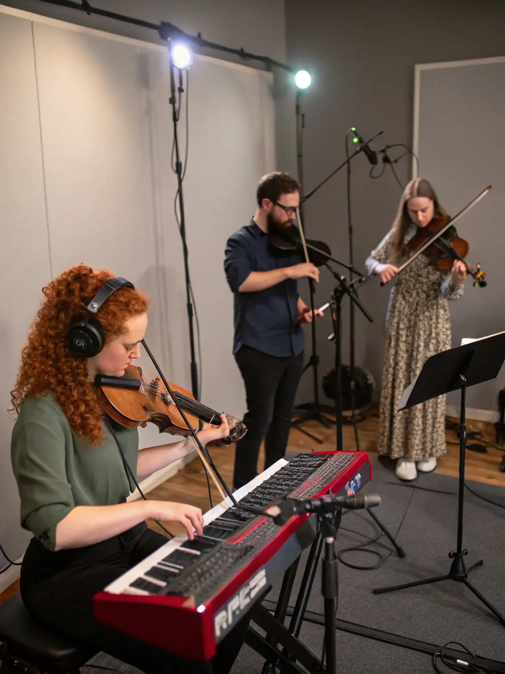 A photo of GLUNK ASSOCIATION members collaborating on a new musical composition, showcasing their dedication to artistic creation and innovation.