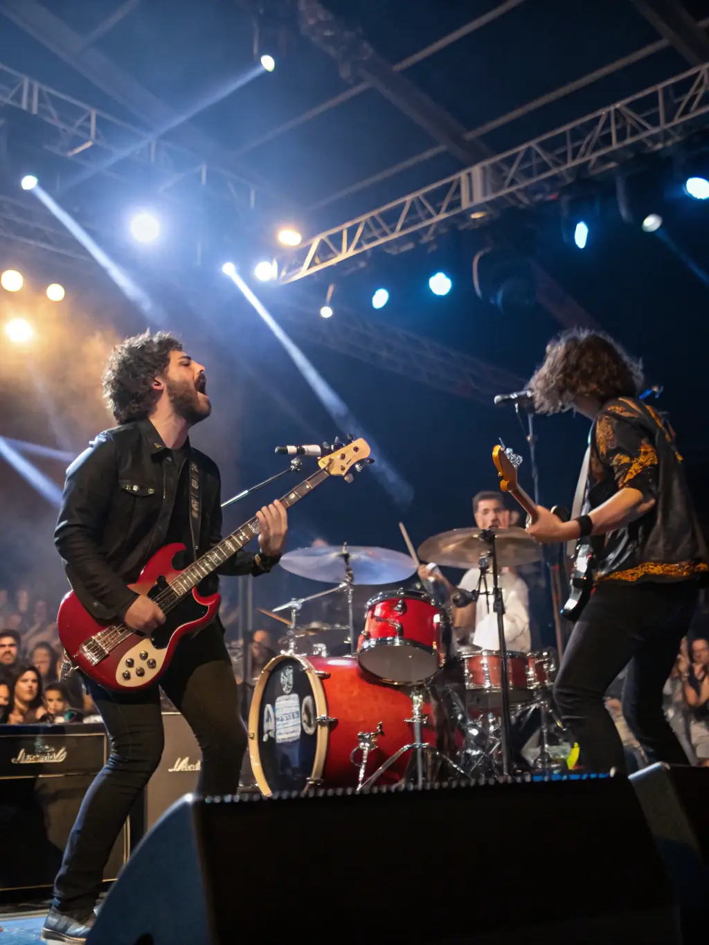 A vibrant photograph capturing the energy of a live musical performance by the Glunk group, with audience members cheering and musicians passionately playing their instruments, showcasing the excitement and engagement of the event.