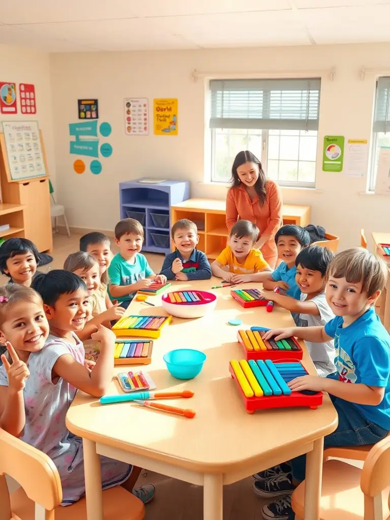 A heartwarming photo of Glunk Association members volunteering at a local school, teaching children about music and providing them with instruments.