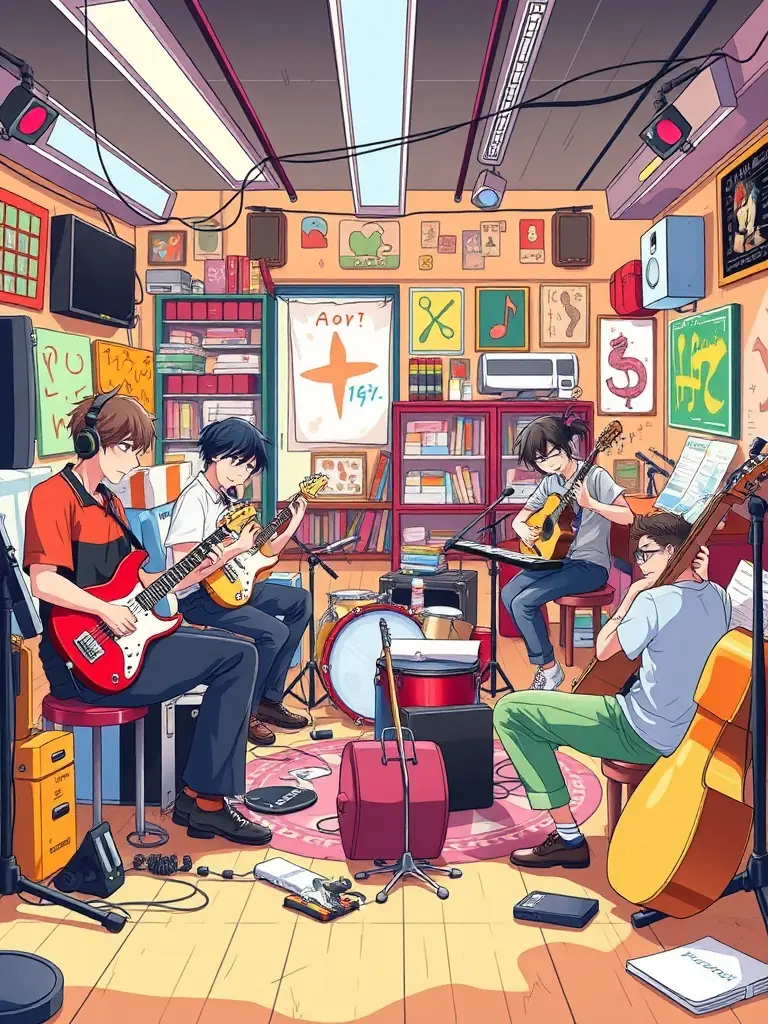 A vibrant photo of a Glunk Association music workshop, showing participants actively engaged in learning and playing instruments, set against a backdrop of colorful musical notes and equipment.