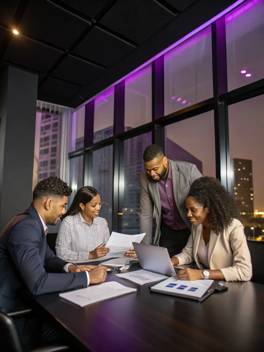 A professional shot of GLUNK ASSOCIATION's administrative team collaborating in their office, showcasing their dedication to supporting the Glunk musical group and managing artistic activities.