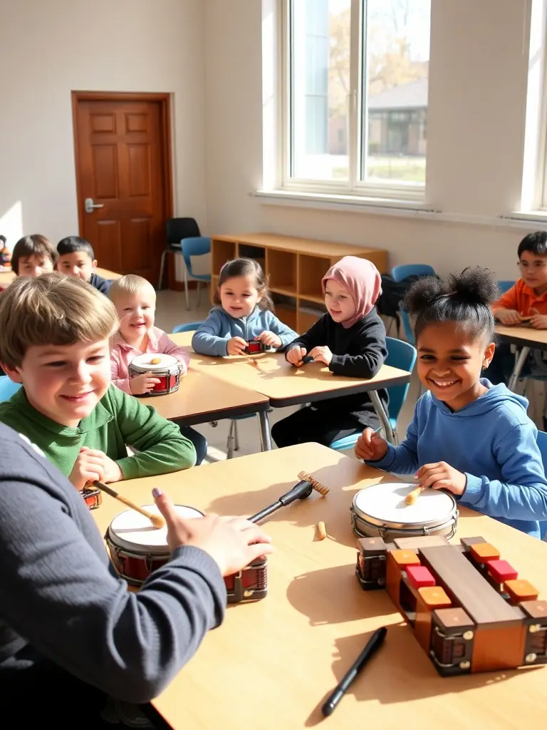 A picture of a GLUNK ASSOCIATION workshop where children are learning to play musical instruments, emphasizing the educational aspect of the association.